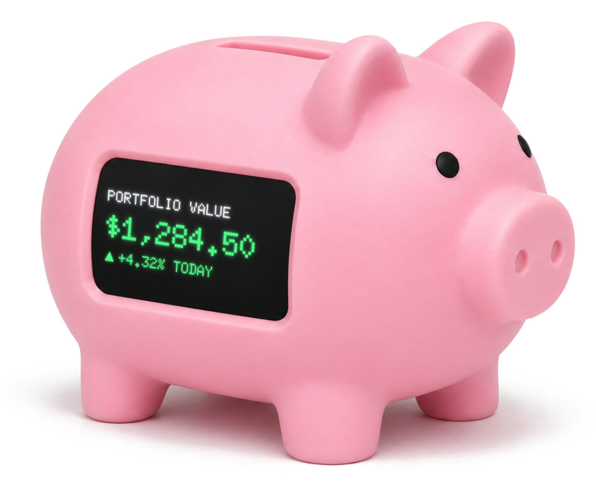 Little Holdings piggy bank with a screen showing a $1,284.50 portfolio value.