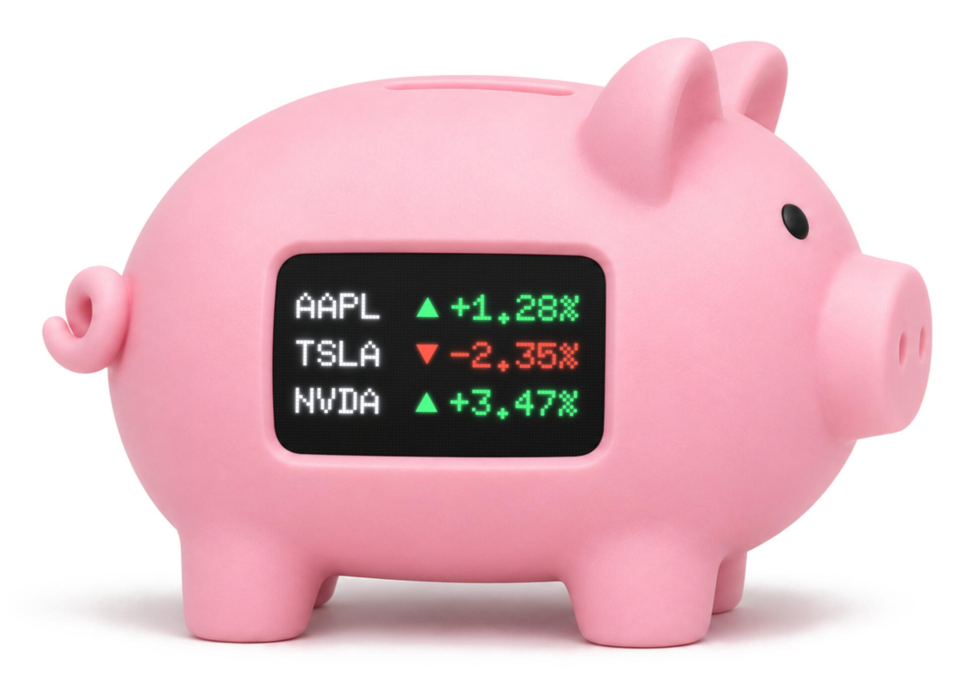 Little Holdings piggy bank with a screen showing a $1,284.50 portfolio value.
